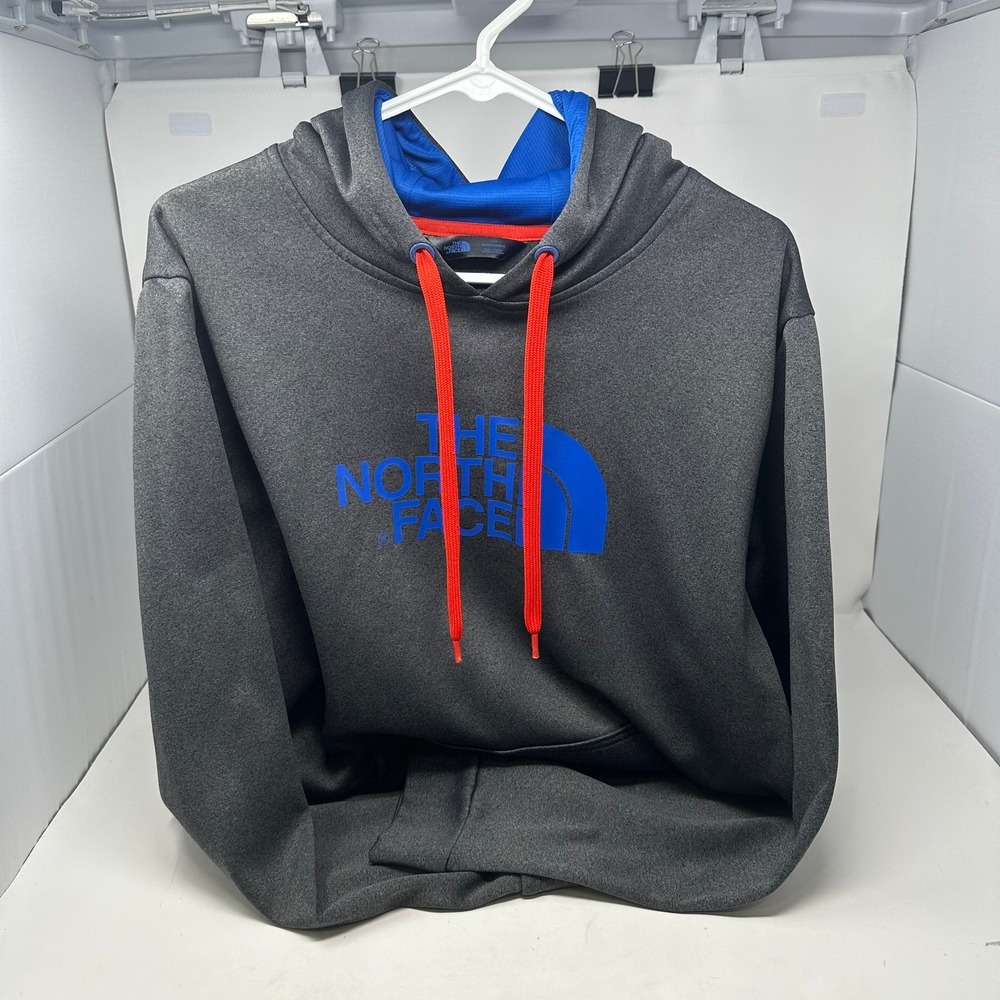 The North Face Hoodie Men L Gray Blue Logo Pullover A2HG Polyester Fleece